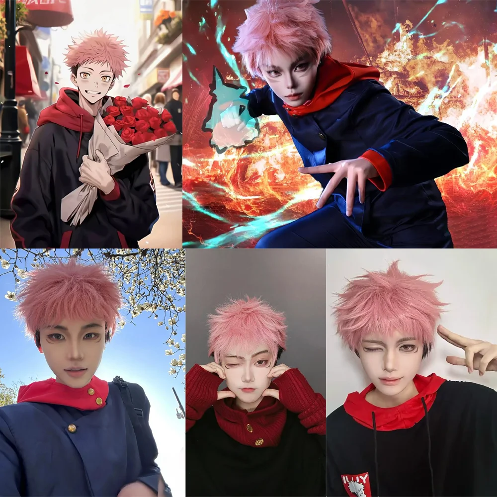 عالية الجودة أنيمي Jujutsu Kaisen Yuji Itadori شعر مستعار صناعي كوسبلاي أسود وردي متدرج شعر قصير منفوش مقاوم للحرارة #6