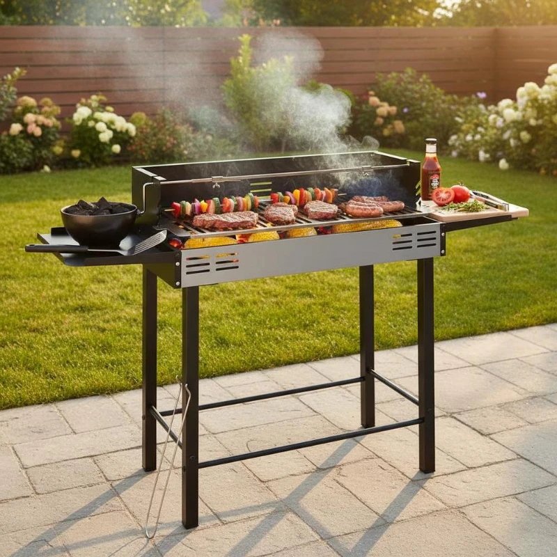 Barbecue au charbon de bois extérieur 118 x 32 x 90 cm avec grille de cuisson réglable sur 3 niveaux et tablettes latérales pliables, barbecue de jardin pour terrasse et patio, barbecue mobile design noir avec espace de préparation pour cuisine extérieure