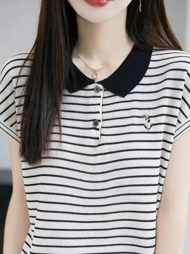 

Повседневная женская футболка с коротким рукавом в полоску, из ледяного шелка, вязаная, свободного кроя, стройнящая, универсальная, новинка Весна 2026