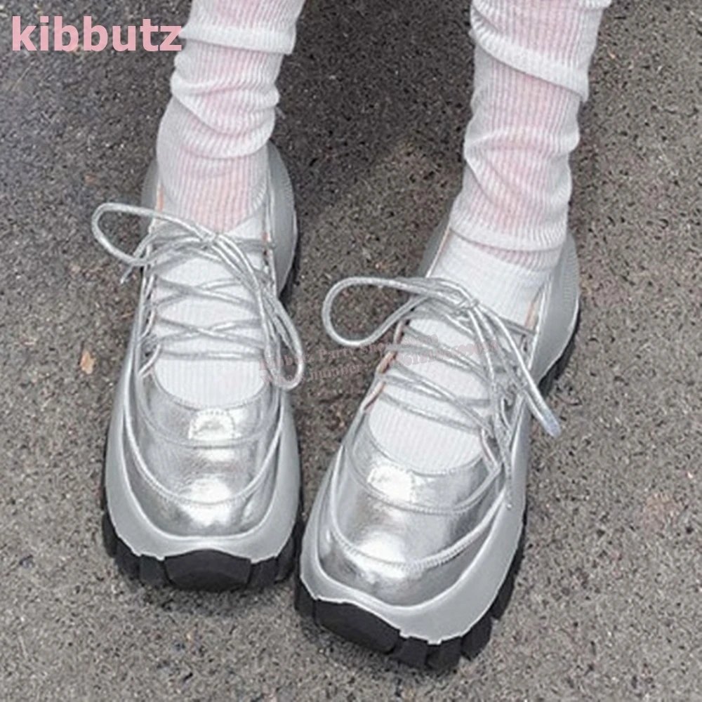 Lace-Up Ballet Pump Sneakers Round Toe Height Increasing Solid Color Patent Leather Fashion Elegant Sexy Party Women Shoes New