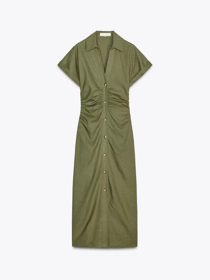 Summer New Women's Linen Comfortable ort Sve V-ne Midi Dr Retro Waist-cinched A-line Long Skirt Single-button Closure