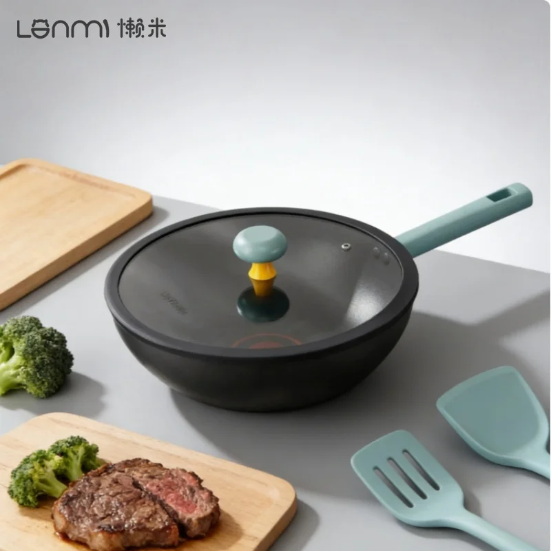 

Сковорода-вок LANMI 28/30/32 см с антипригарным покрытием, низким уровнем дыма, титановым кристаллическим покрытием, двойным кольцевым контролем жирности, универсальная для всех типов плит