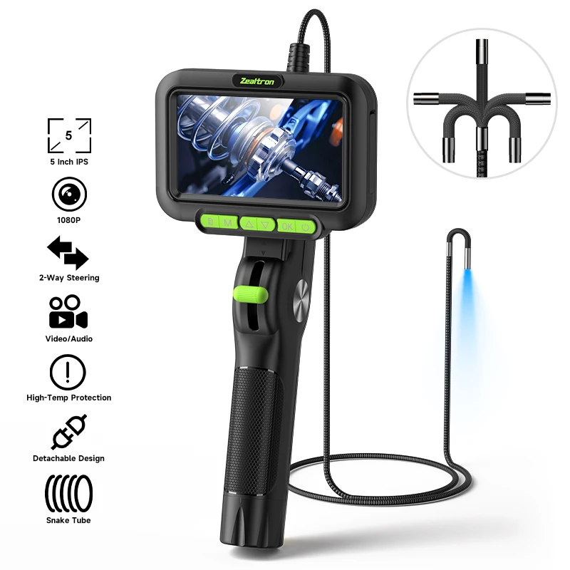 3,9-mm-Objektiv, 2-Wege-Gelenkendoskop, 5-Zoll-IPS-Bildschirm, Joystick, Zwei-Wege-360°-Funktion °   180 °   Rotierende Lenkkamera Wasserdichtes Endoskop