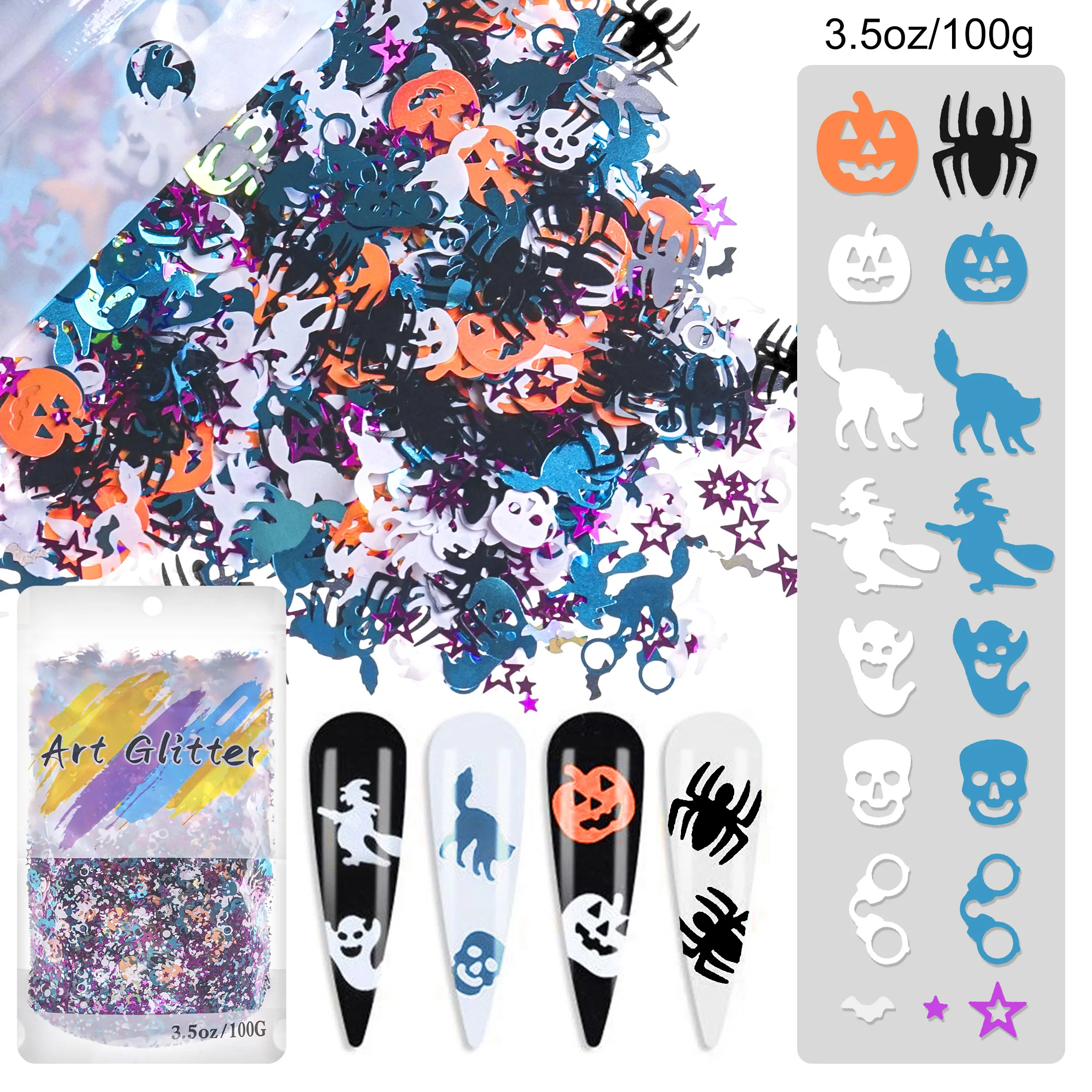 

100g Halloween Nail Art Glitter Sequins Skull Spider Pumpkin Bat Ghost Witch Multi-Designs Halloween Confetti Glitter For DIY