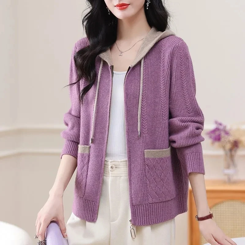New Autumn Winter High-grade Cardigan Sweater Jacket Women Korean Loose Zipper Hooded Casual Cashmere Knitted Sweater Ladies Top