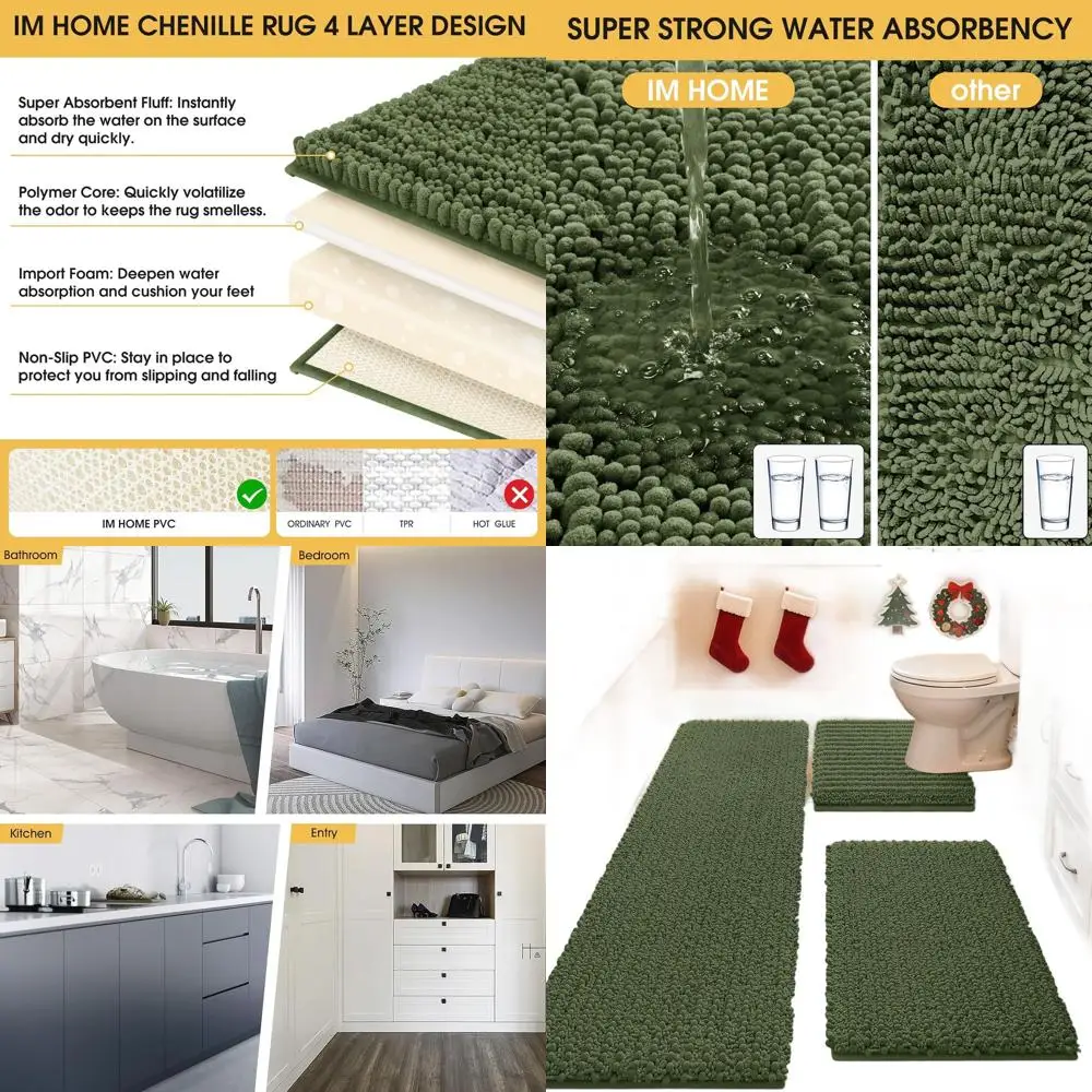 

Luxury Green Bathroom Rug Set: 3-Piece Soft, Thick Absorbent Mats with Non-Slip Chenille Toilet Mat for Home