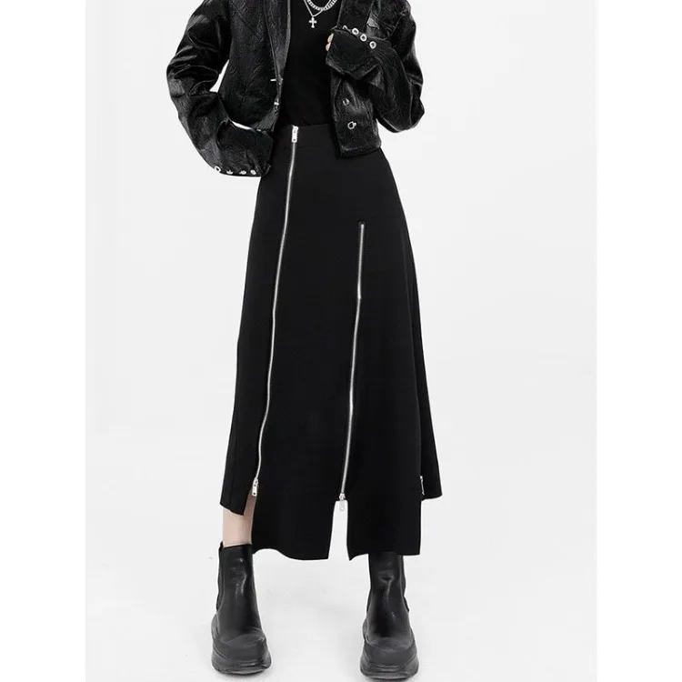 Harajuku gonna lunga donna nero vita alta a-line cerniera divisa irregolare moda giapponese Midi autunno Streetwear