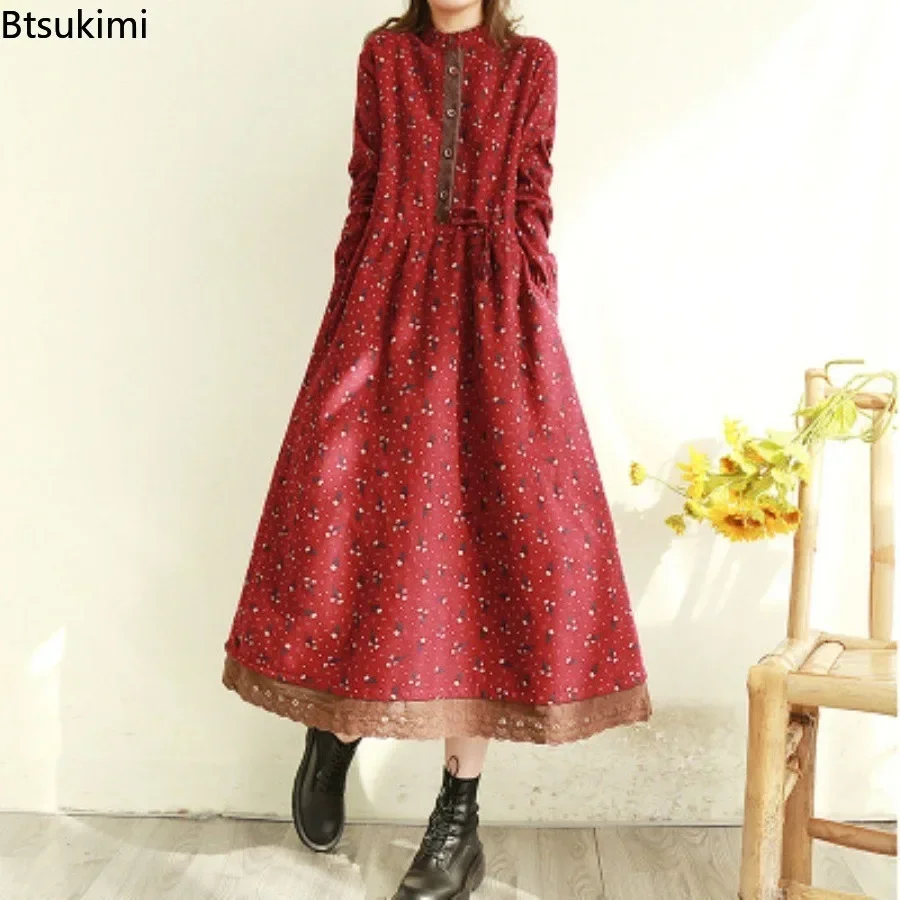 

New Floral Printed Cotton Linen Dresses for Women Fashion Vintage Long Lace Dress Female 2025 Spring Loose Slim Elegant Vestidos