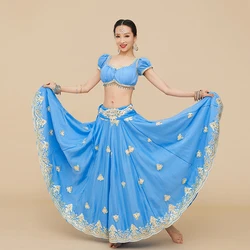 Indian Dance Clothes For Women Short Sleeve Tops Big Swing Blue Skirt Female Elegant Bollywood Saree Belly Dance Dress DQL7062