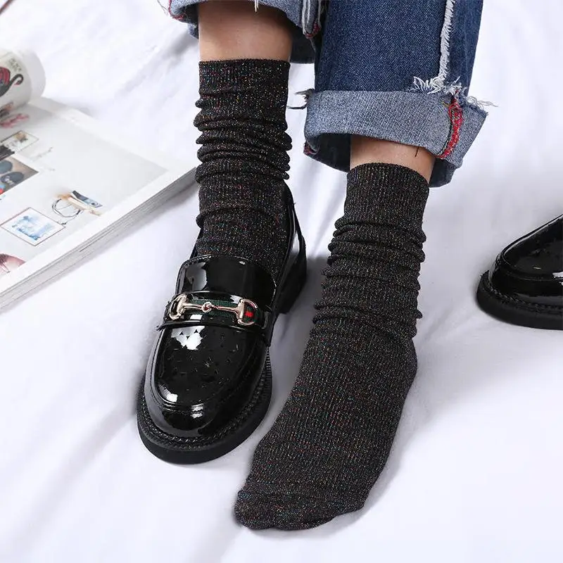 1 Pair Bright Silk Decorative Cotton Long Tube Socks Women Autumn Winter Retro Fashion All-Match Solid Color Stocking