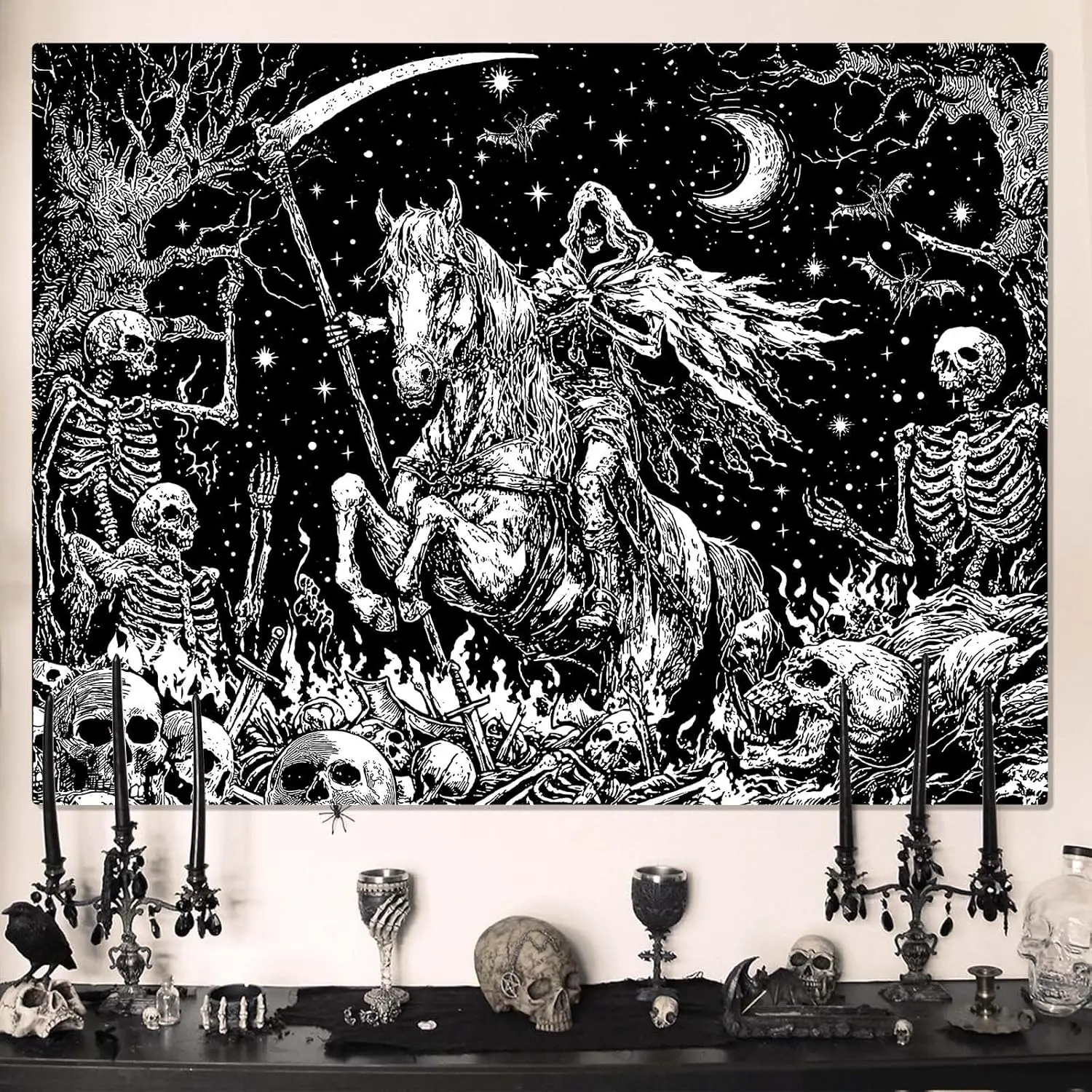 Gothic Skeleton Tapestry, Horror Moon Skull Dark Death Grim Reaper Wall Art for Bedroom Grunge Room Decor, Black and White