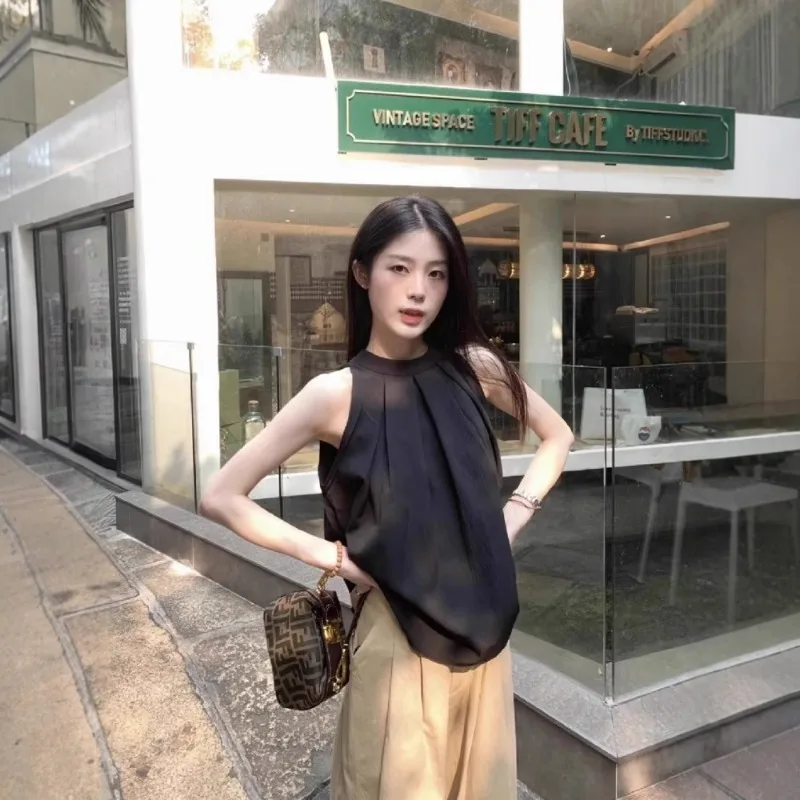 Women Halter Neck Sleeveless Blouse Pleated Loose Casual Tank Top Pure Aesthetic Summer Ladies Shirt