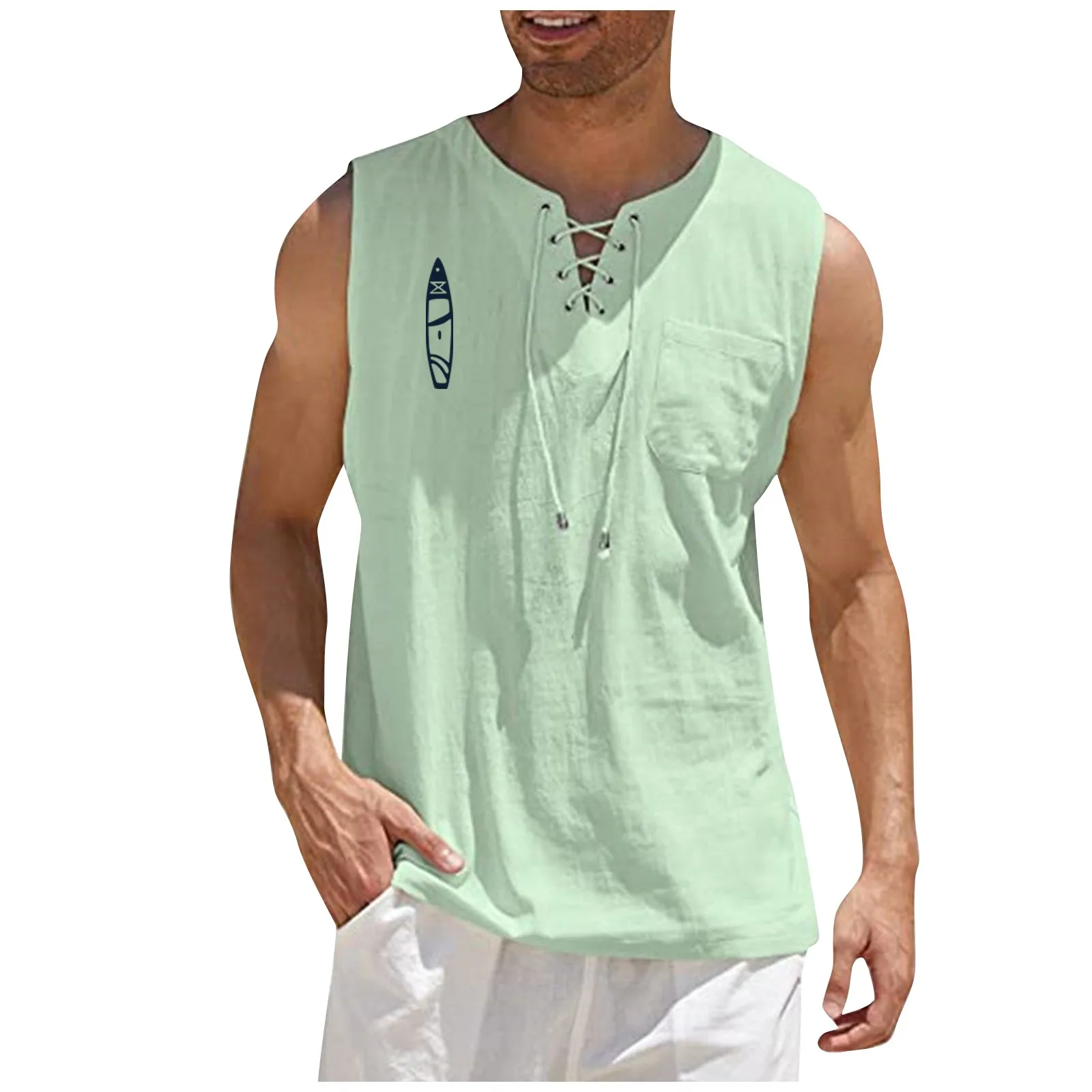 Men'S Casual Loose Tank Tops Simple Printed Cotton Linen Vest Shirts Summer Fashion Lace-Up V-Neck Vest Beach Vacation Tops