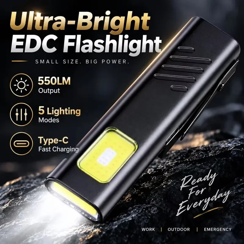 Magnetic Ultra-Thin COB Work Light,Rechargeable LED Flashlight With Clip,Hands-Free Light For Auto Repair,Outdoor,Camping,Hiking