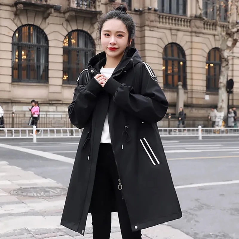 

2024 New Spring Autumn Black Windbreaker Coat For Women's Clothing Casual Long Sleeve Cardigan Hooded Long Trench Coats Tops