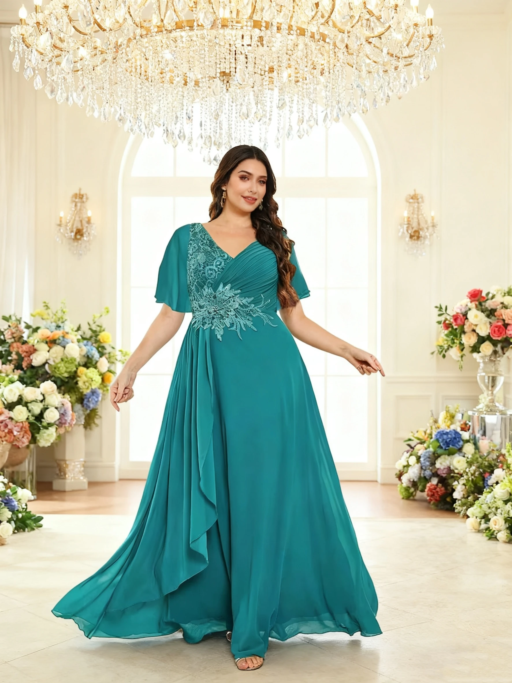 

Plus Size Mother of The Bride Dresses for Wedding Guest Long Pleated V-Neck Mother of Groom Dress Flutter Sleeve