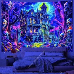 A House Surrounded By Ghosts and Skeletons UV Reactive Tapestry for Backdrop Decorative Props Psychedelic Home Room Wall Decor