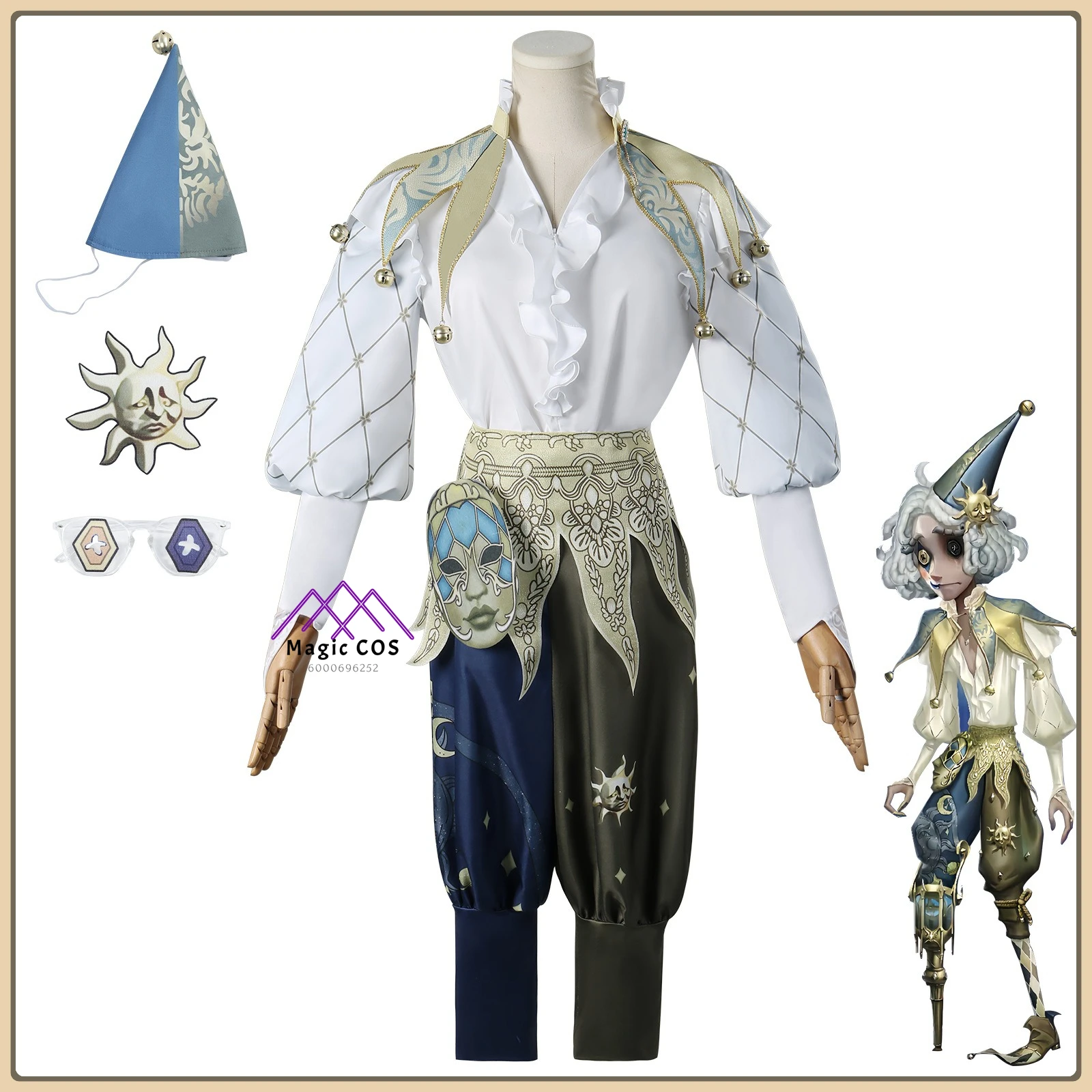 

Identity V Joker Cosplay Costume Full Set Anime Clothes Sun Emblem & Clown Hat Themed for Men Role Playing Halloween Party Suit