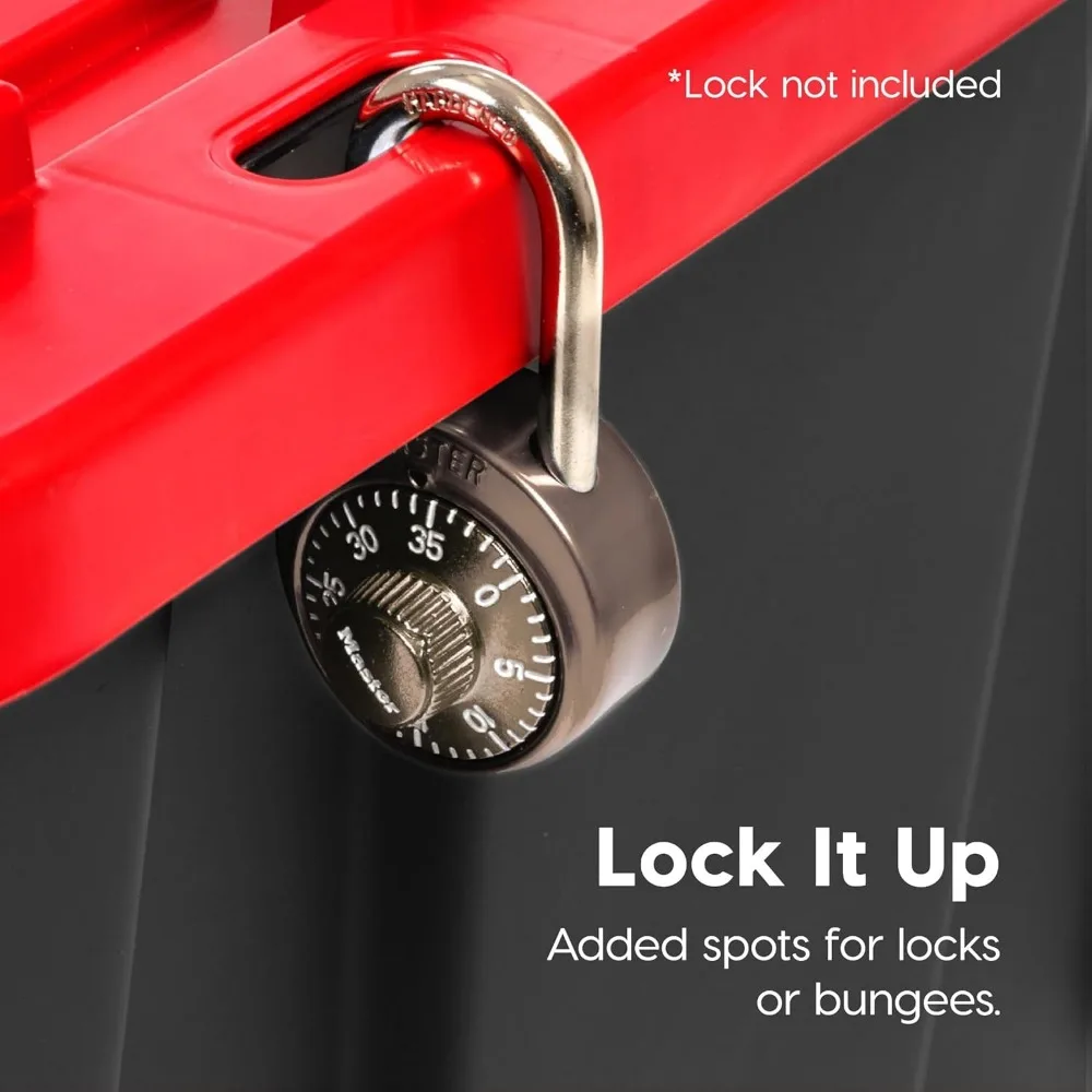 Contenitori portaoggetti per cassetta degli attrezzi per letto di camion per carichi pesanti da 27 galloni con coperchi, confezione da 4, prodotti negli Stati Uniti, vasche industriali impilabili con serratura