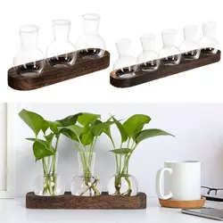 Plant Terrarium Propagation Station, Glass Planter Bulb Vase With Wooden Tray, Modern Bud Vases for Living Room Office Decor