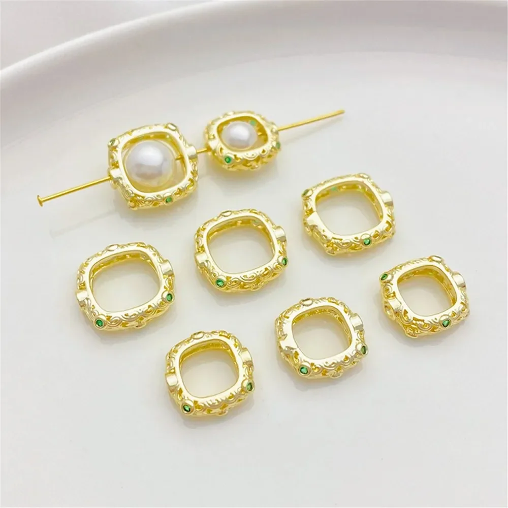14K الذهب الأخضر الزركونيوم مربع مجموعة حبة حلقة حقيبة حبة حلقة اليدوية DIY سلسلة سوار قلادة مجوهرات المواد الملحقات