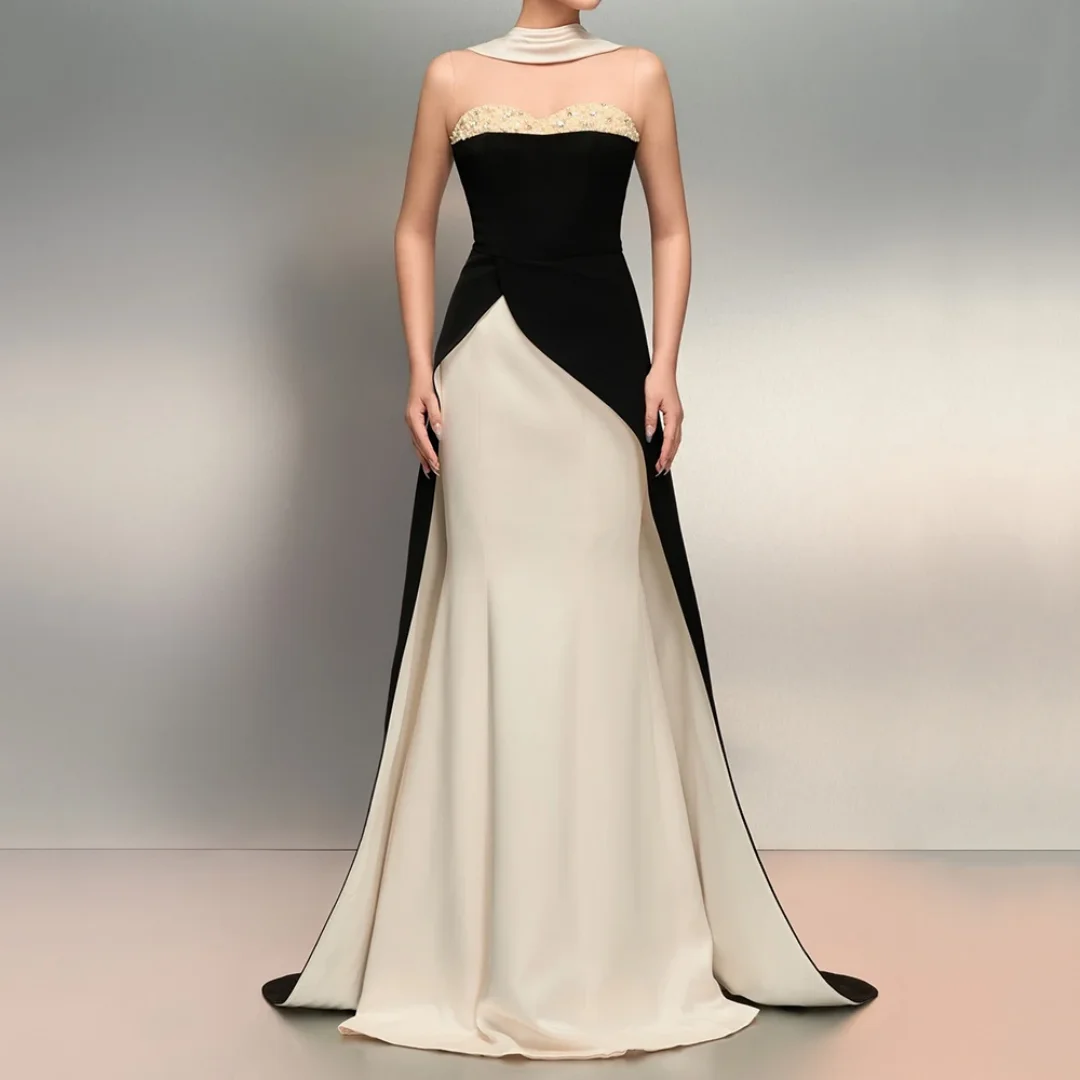 Mermaid Evening Dresses Floor-length High-neck Sleeveless Prom Gown Fashion Beading Crystal Simple Draped Party Gown Customized