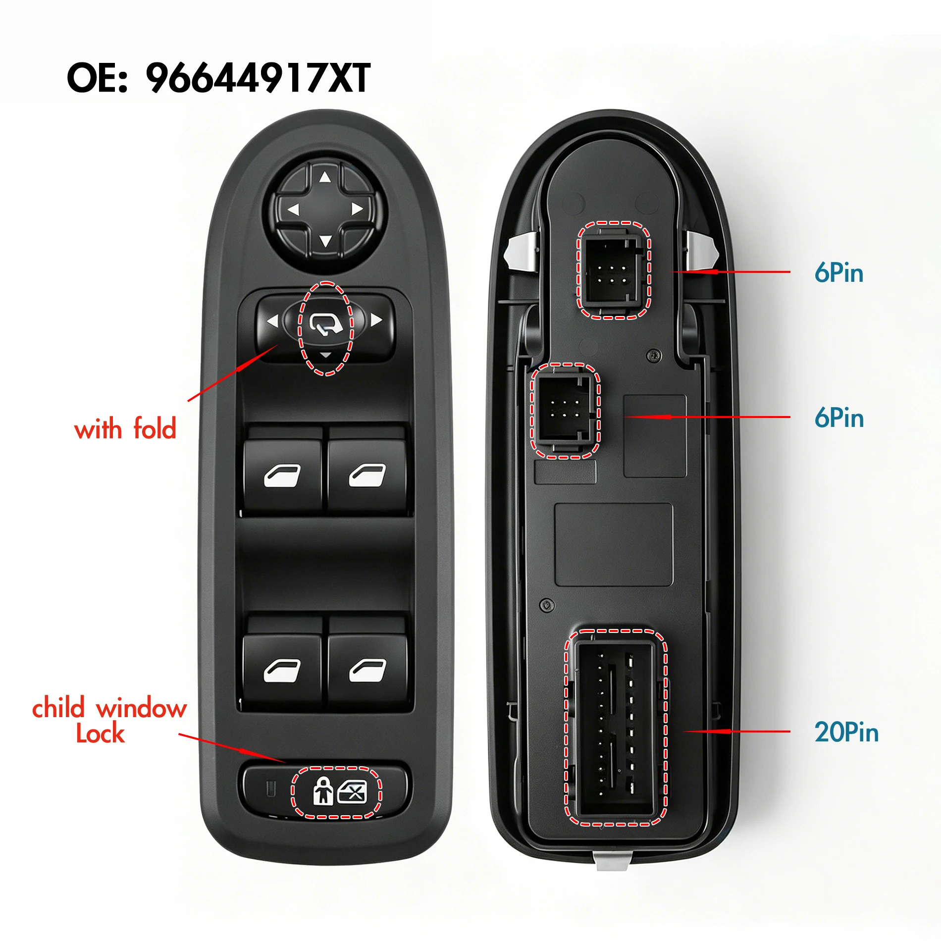 96644917XT Für Peugeot 308 508 Citroen C5 2007-2018, elektrischer Hauptfensterheberschalter, Glasheber-Steuerknopf, Regler – Detail 3
