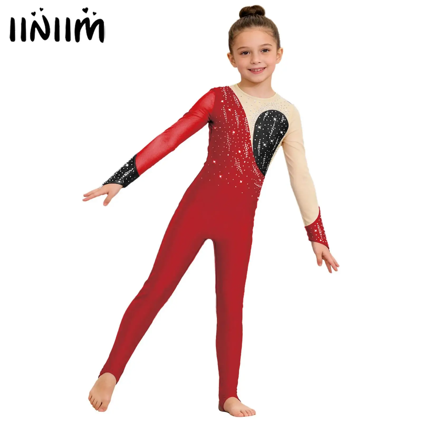 

Детский гимнастический купальник для девочек с блестящими стразами, комбинезон для фигурного катания, балетный трико с отверстиями для пальцев, сетчатый боди-костюм