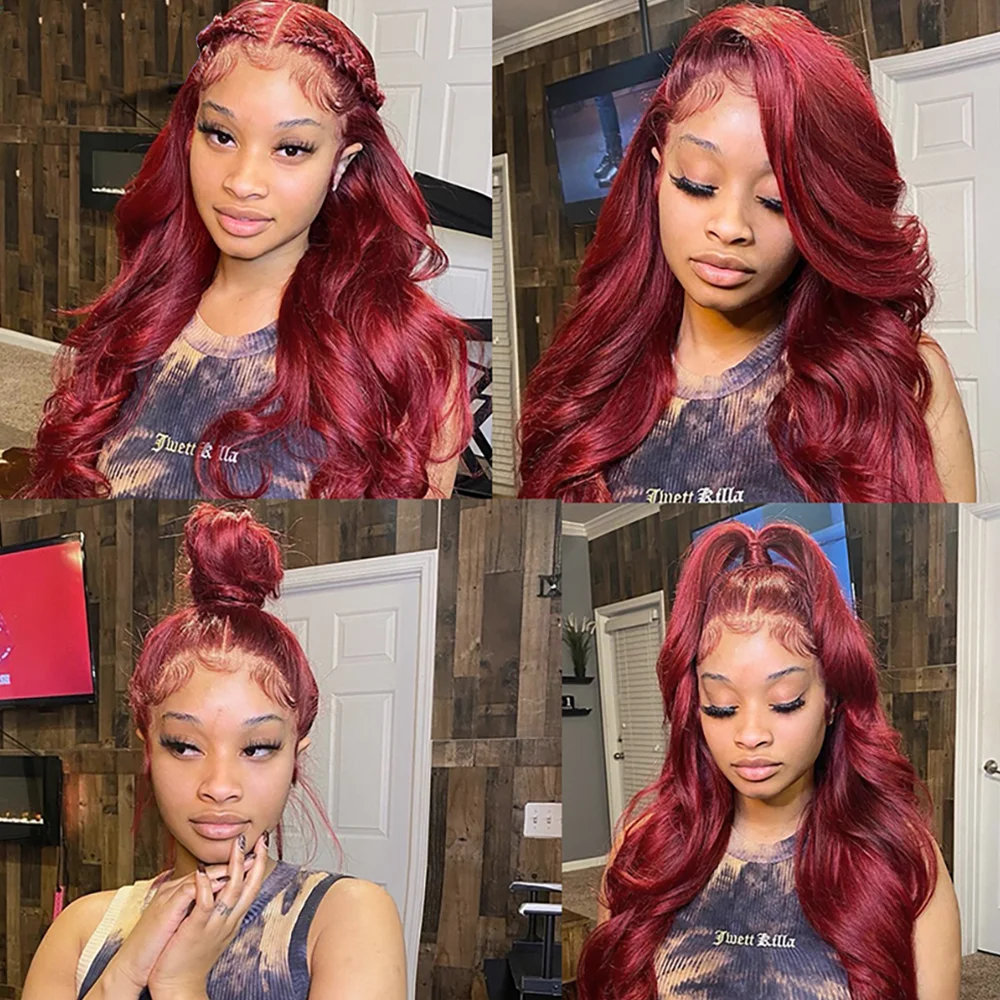 Perruque Lace Front Wig Body Wave naturelle rouge bordeaux, cheveux humains, 13x4, 13x6, HD, 4x4, pre-plucked, 99j