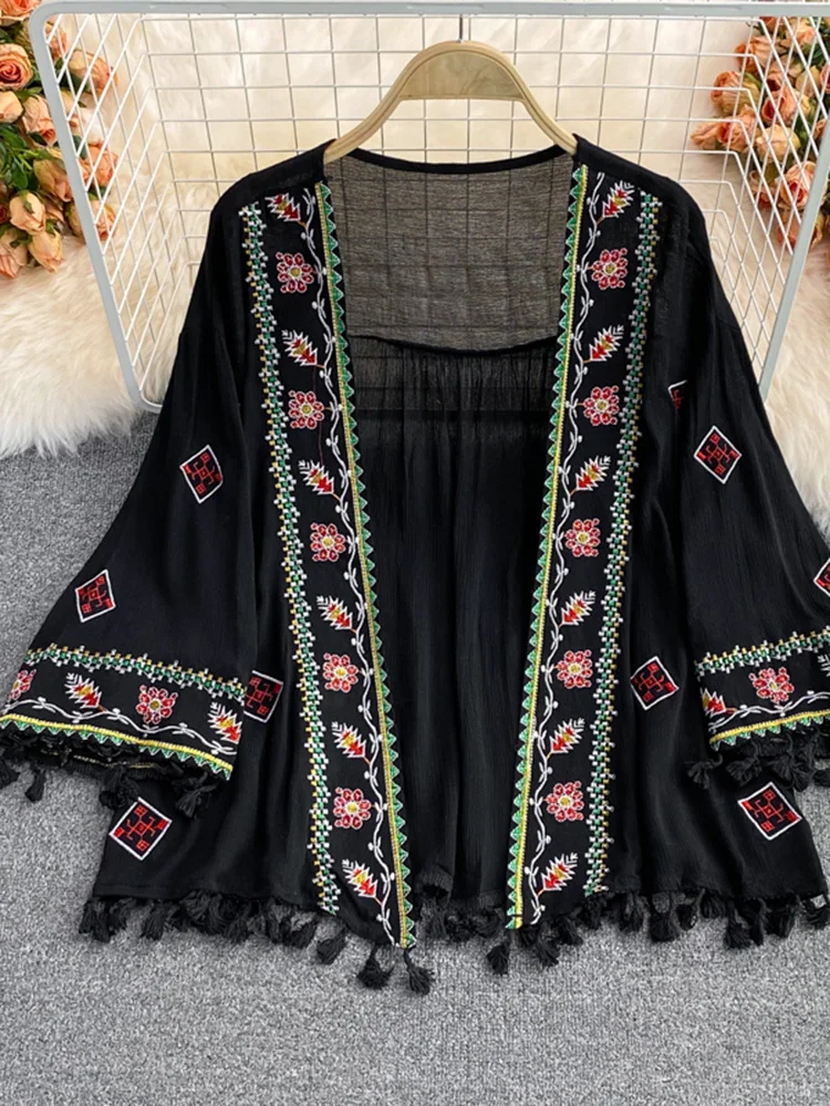 SEDUTMO Summer Bohemian Kimono Women Pareo Beach Cover Up Short Fashion Embroidery Poncho Cardigan Tassel Shirt ED1876