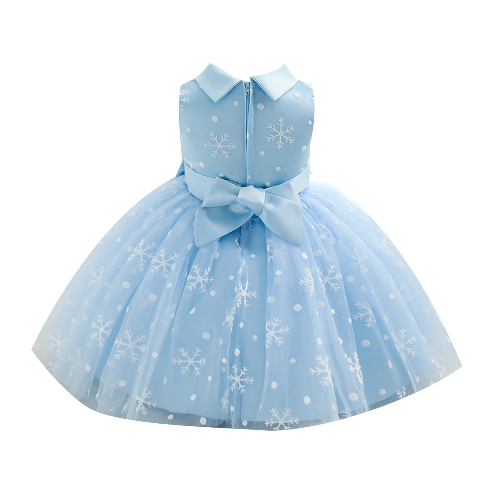 Baby Girls Princess Dress Sweet Sleeveless Snowflake Bowknot Decor Waist Tutu Mesh Dress Toddle Kid Wedding Party Birthday Dress