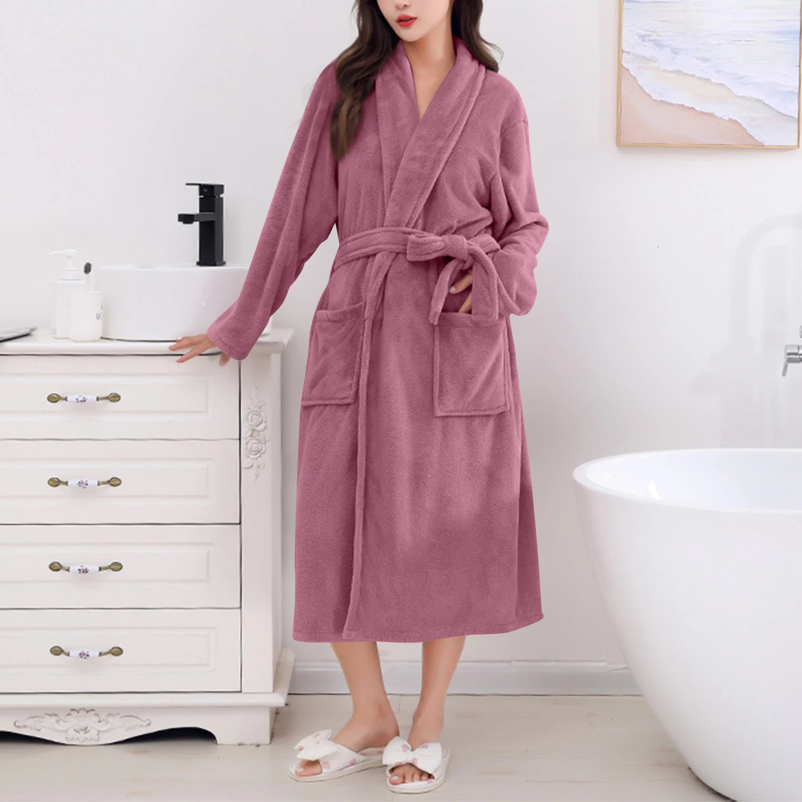 

Autumn Winter Women's Coral Fleece Robe New Style Medium Length Home Indoor Wear Warmth Comfortable Sleepwear Nightgown
