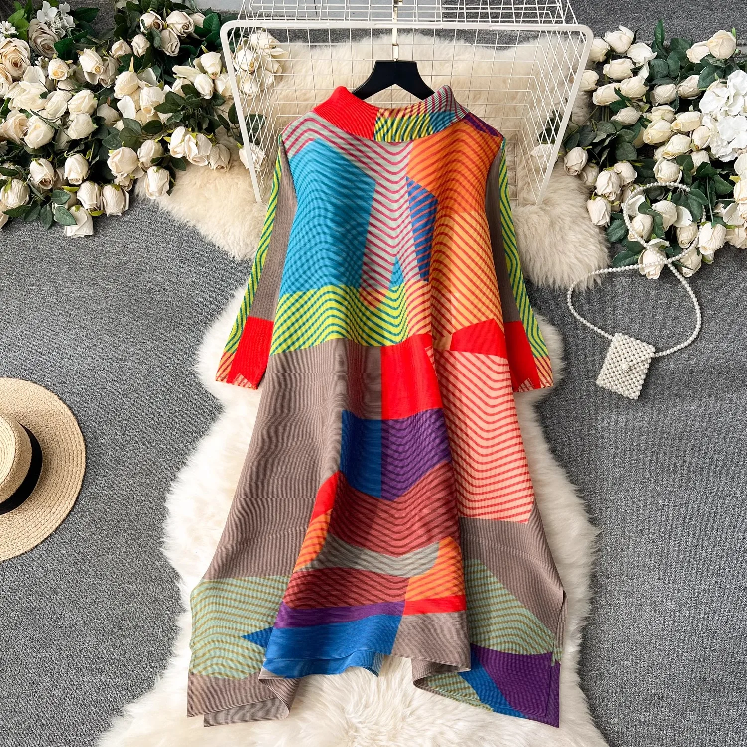 Miyake Pleated Dress Women Spring Summer Colorblock Printing Lapel 3/4 Sleeve Single-breasted Fashion Irregular Shirt Dresses