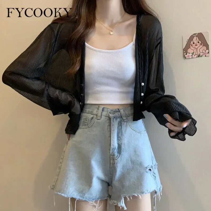 2025 Fairy Style Solid Cardigan Women Summer New Long Sleeve Sunscreen Sweet Beading V-neck Basics Loose Chiffon Cardigan - Image 4
