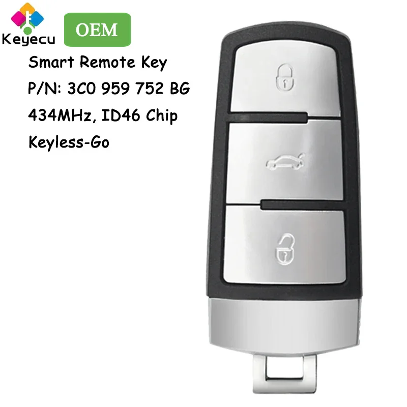 

KEYECU OEM Keyless Go Smart Remote Car Key With 3 Buttons 434MHz ID46 Chip for Volkswagen Magotan Passat CC Fob 3C0 959 752 BG