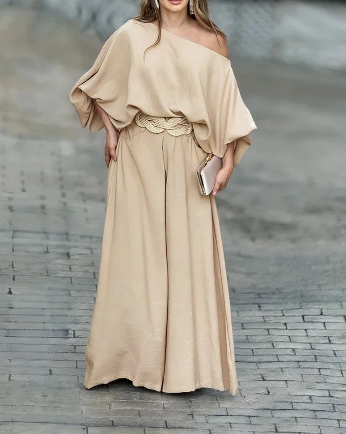 

CPSYMYM Two Piece Set Women Outfit Spring Skew Neck Lantern Sleeve Top & Casual High Waist Pocket Wide Leg Pants Set