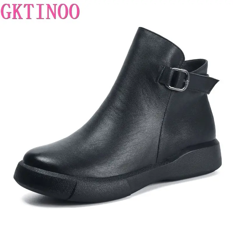 GKTINOO Winter Genuine Leather Ankle Boots Round Toe 2024 Handmade Lady Soft Flat Shoes Comfortable Side Zip Short Boot