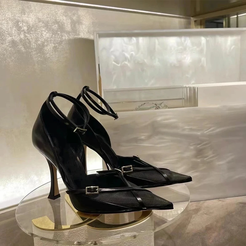 

Summer Pointed Toe Sandals Mesh Cover Female Pumps Solid Women Shoes Fashion Buckle Strap Stiletto Zapatos Mujer