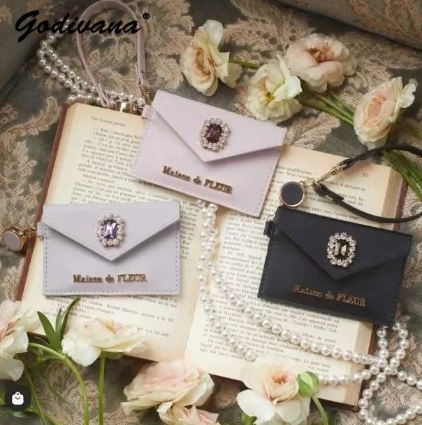 Japanese Style New Card Cover Bag Rhienstone Work Permit Bus Pass Door Card Holder Lolita Sweet Leather Card ID Holders