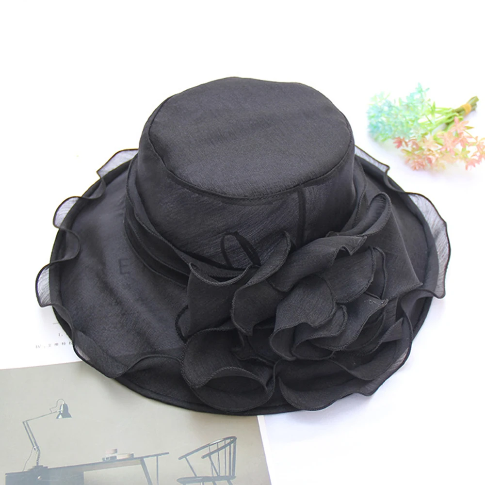 Elegant Church Kentucky-Derby Fascinators Ruffle Detail Organza Flower Mesh Bucket Hat UV Protection Foldable Beach Hat Summer