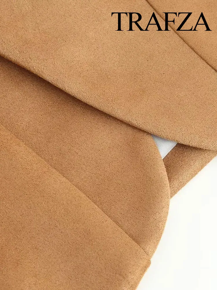 

TRAFZA Woman's 2025 Autumn Vintage V-neck Suede Single-button Blazer Female High-end Long Sleeve Decoration Slim Casual Jacket