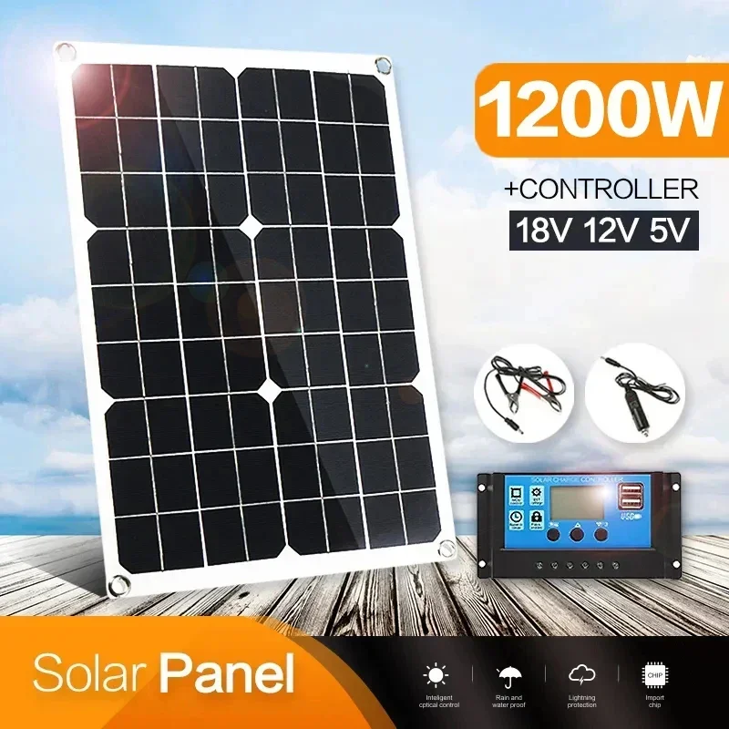 1200W Solar Panel Charger with 100A Controller Dual USB 12V Battery Charging System for Outdoor Camping Car Yacht RV Hiking