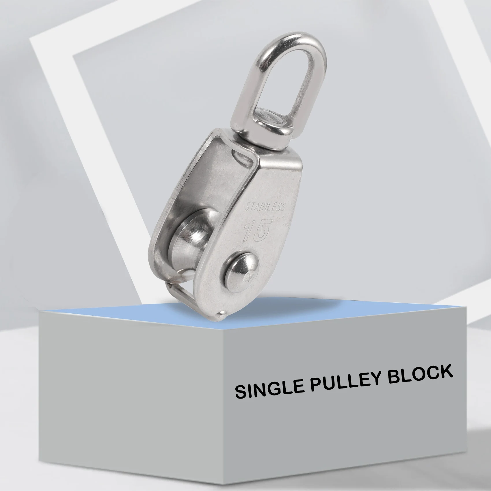Happy New- 4PCS Single Pulley Block M15 Stainless Steel Small Pulley Roller For Rope Cord In Outdoor 360°Swivel Silver Pulley
