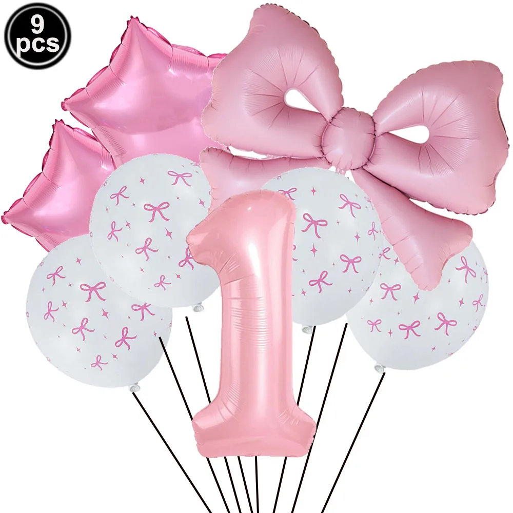 Pink Bow Balloons Set 32inch Number Balloon Bow Foil Balloon for Girl Women Birthday Wedding Baby Shower Party Decors Bow Theme
