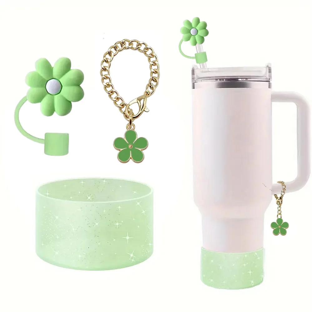 Flower Charm Chains Accessories for Stanley 20/30/40 oz Tumbler with 10mm Straw Topper and Glitter Protective Silicone Boot