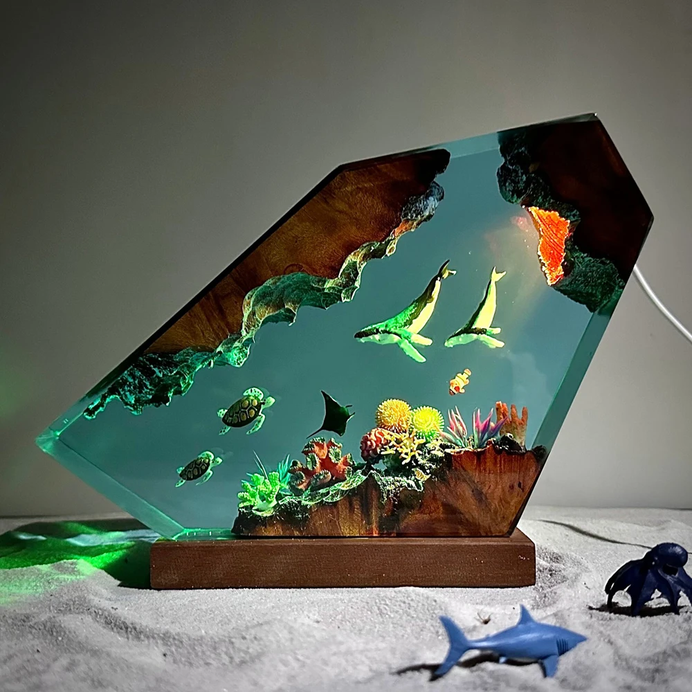 Sea World Organism เรซิ่นตาราง Creative Art โคมไฟตกแต่ง Double Whale Sea Turtle Theme Night Light ชาร์จ USB
