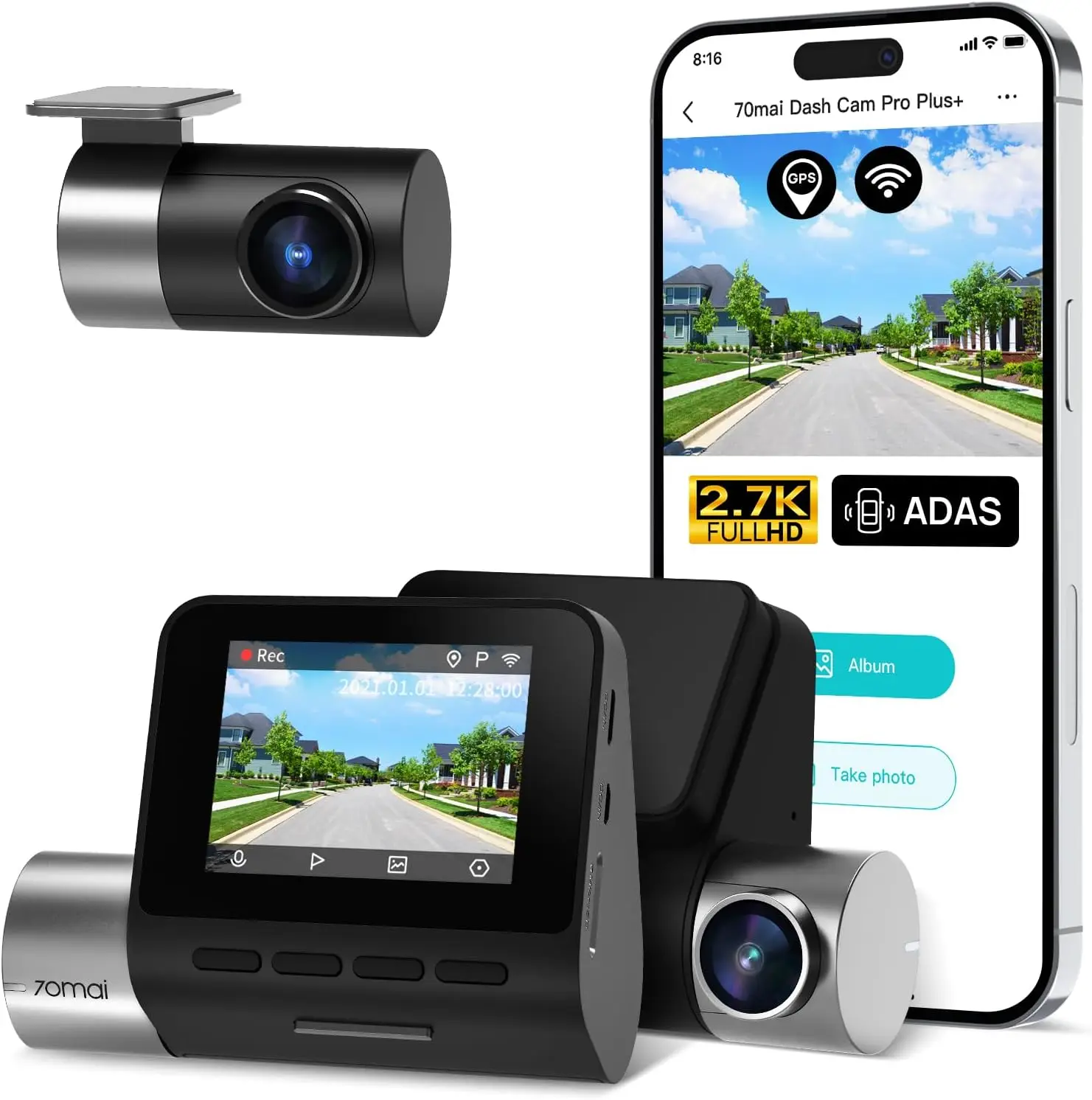 

2.7K Dual Dash Cam with Rear Camera, ADAS, GPS, WiFi, Night Vision & 24/7 Parking Mode