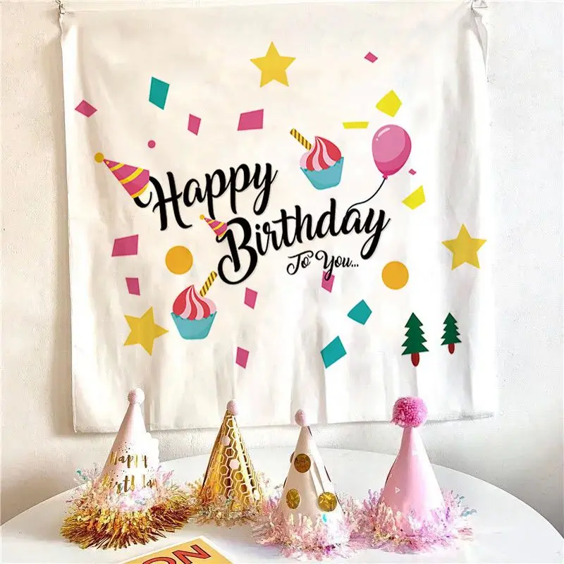 VIKAMA Simple Cake Balloon Birthday Tapestry, Happy Birthday Aesthetic Wall Hanging for Bedroom Living Room Decor