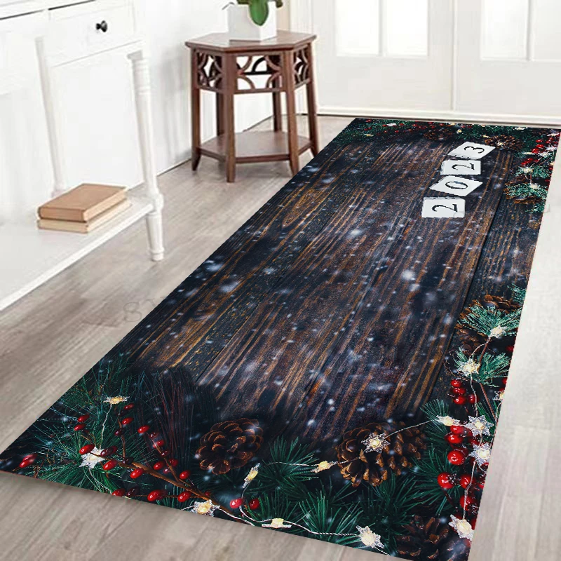 2023 Winter Kitchen Decoration Floor Mat Wood Grain Snowflake Pine Cone Printed Rug for Bedroom Balcony Corridor Non-slip Mat