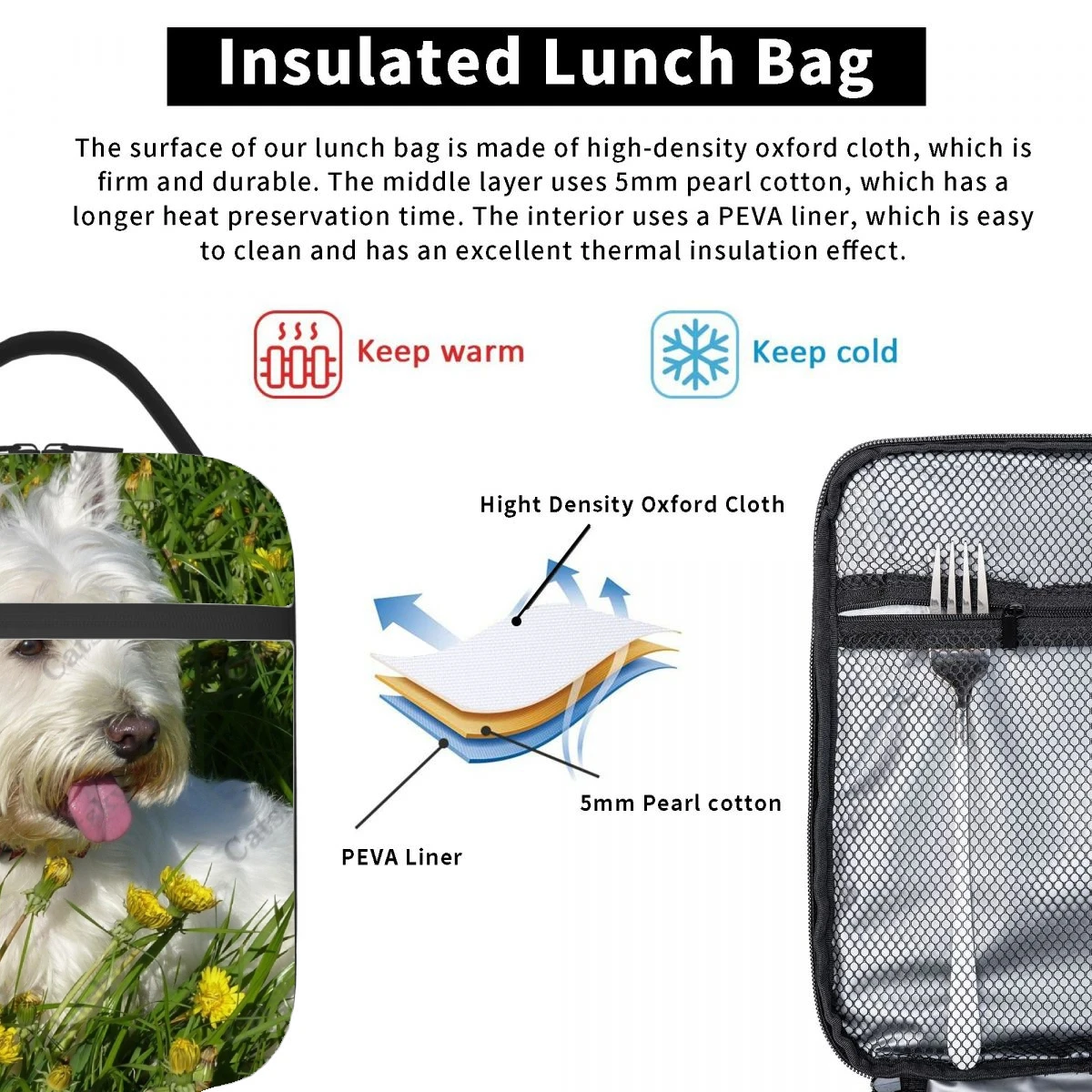 West Highland White Terrier tas jinjing makan siang terisolasi, aluminium foil tebal tahan air bermotif